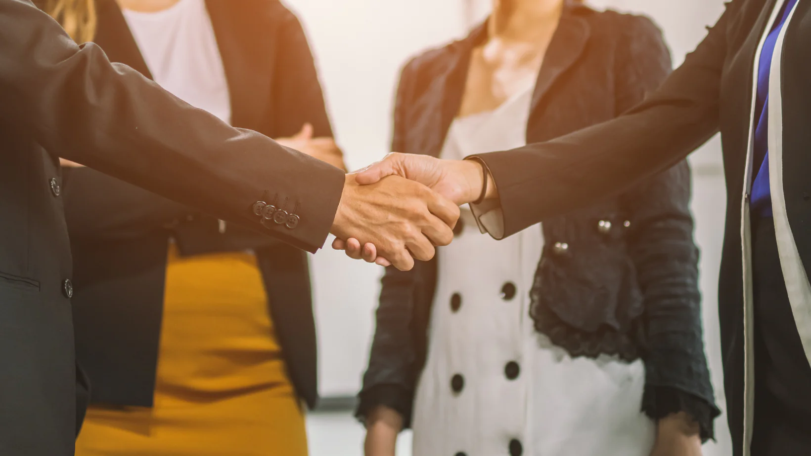 Close up of two business professionals shaking hands in front of others.