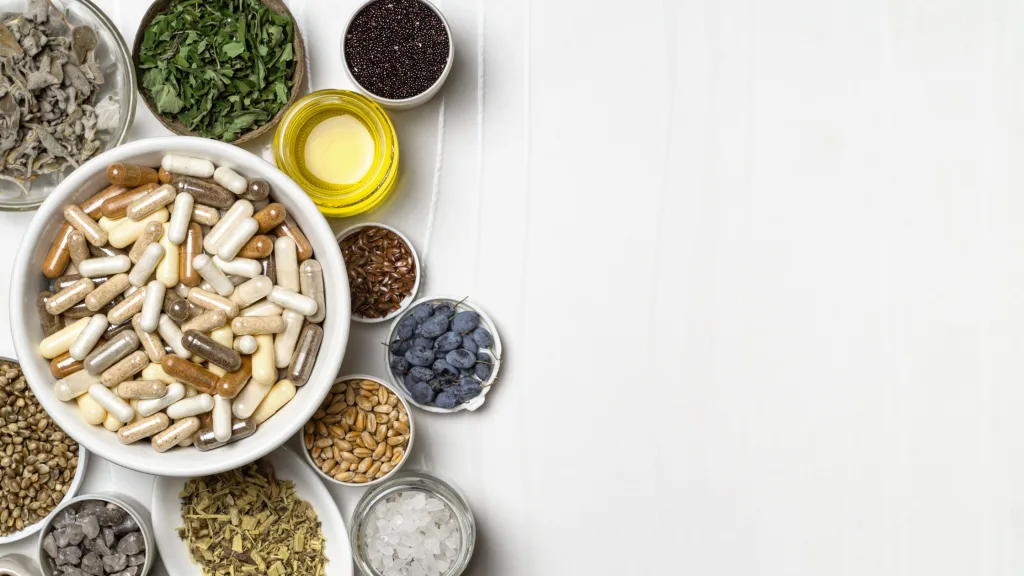 White and clear capsules with different materials surrounded by assorted herbs, foods, and other ingredients.