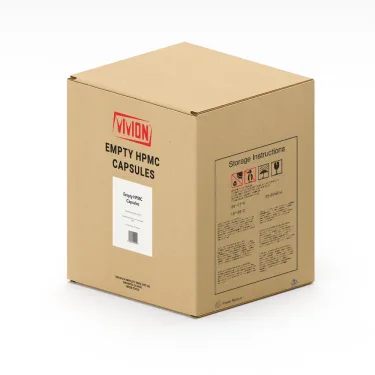 A cardboard box with the inscription "Empty HPMC Capsules" along with other information that serves as an example of how the product will arrive.
