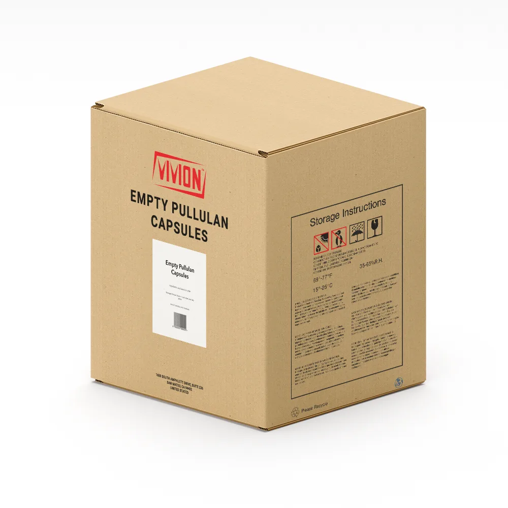 A cardboard box with the inscription "Empty Pullulan Capsules" along with other information that serves as an example of how the product will arrive.