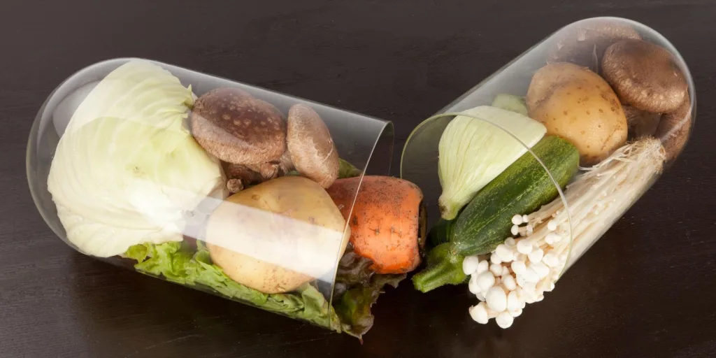 Generated image of large clear capsule containing various types of nutritious food.
