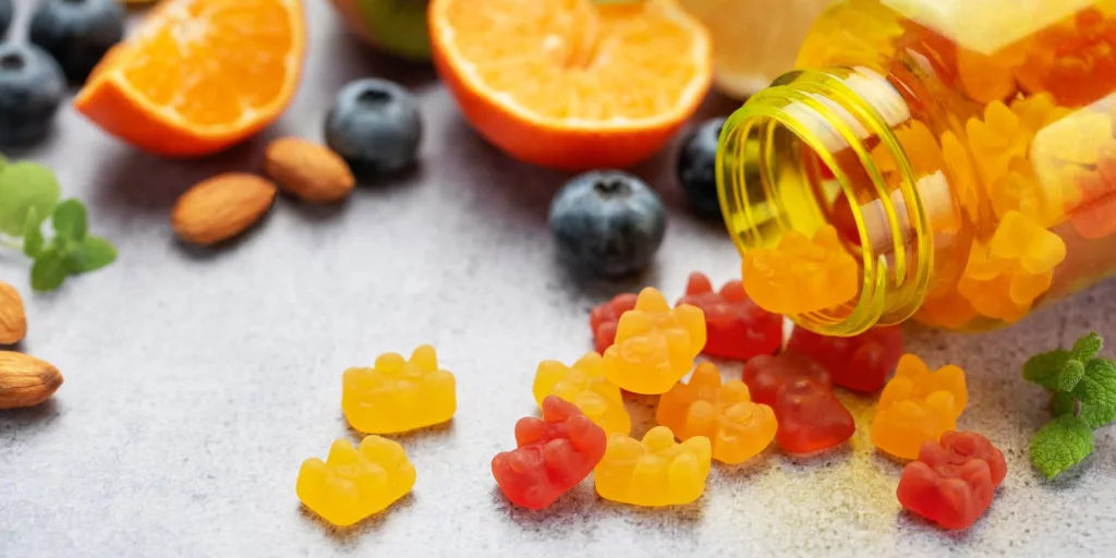 Red and orange gummy bear vitamins spilling out of a vitamin bottle on its side with orange slices, blueberries, and almonds in the background.