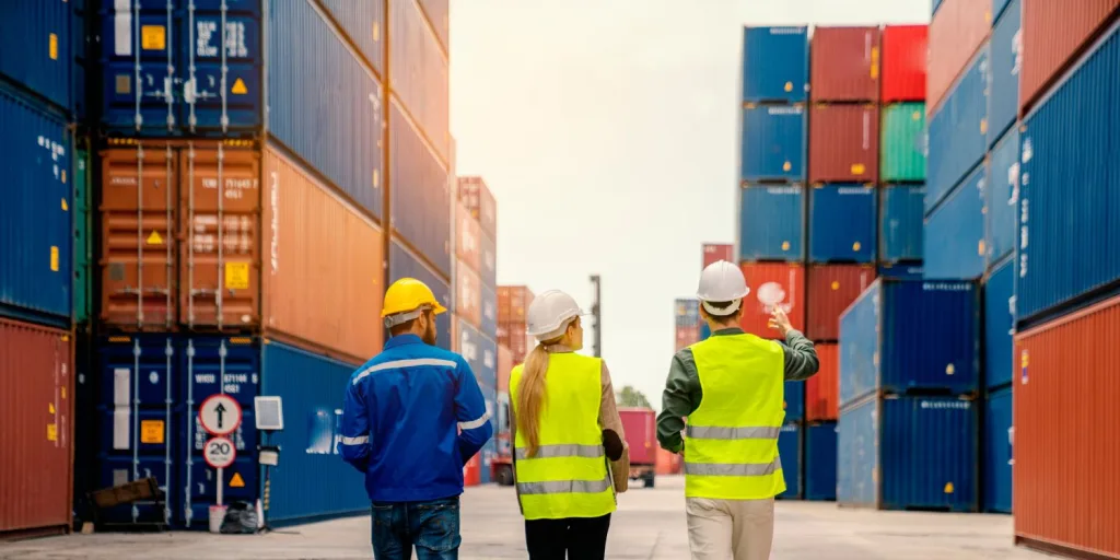Three workers wearing safety vests and hard hats walking on a supply dock.
