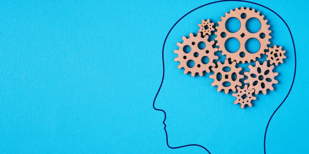 An image of a drawing of a human head with multiple gears where the brain should be.