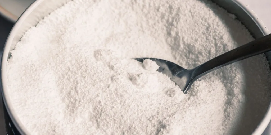 A bowl of white aspartame with a metal spoon half buried inside it.