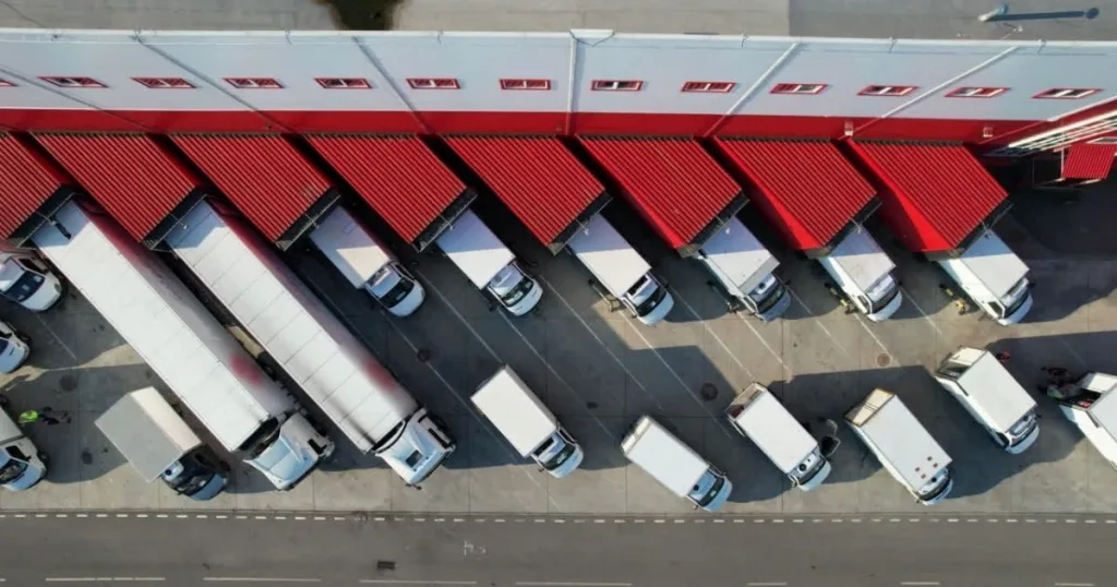 A shot of a warehouse parking lot with multiple 18 wheeler trucks with red containers.