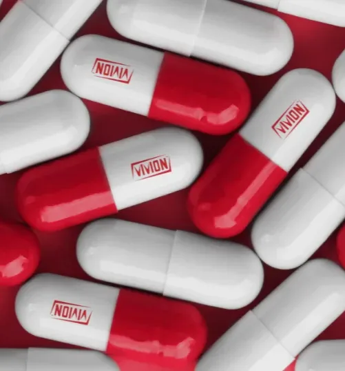 White capsules with half white/half red capsules with Vivion's logo printed on them.
