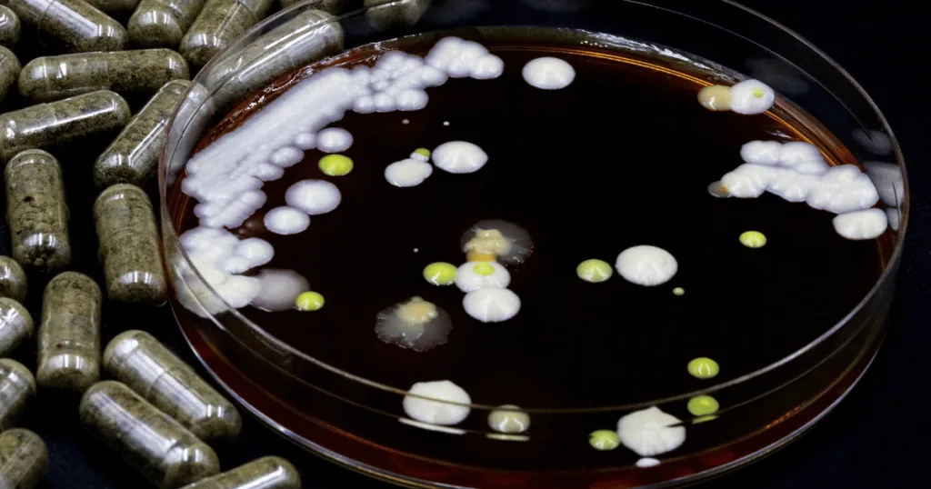 A petri dish containing probiotics next to filled clear capsules.