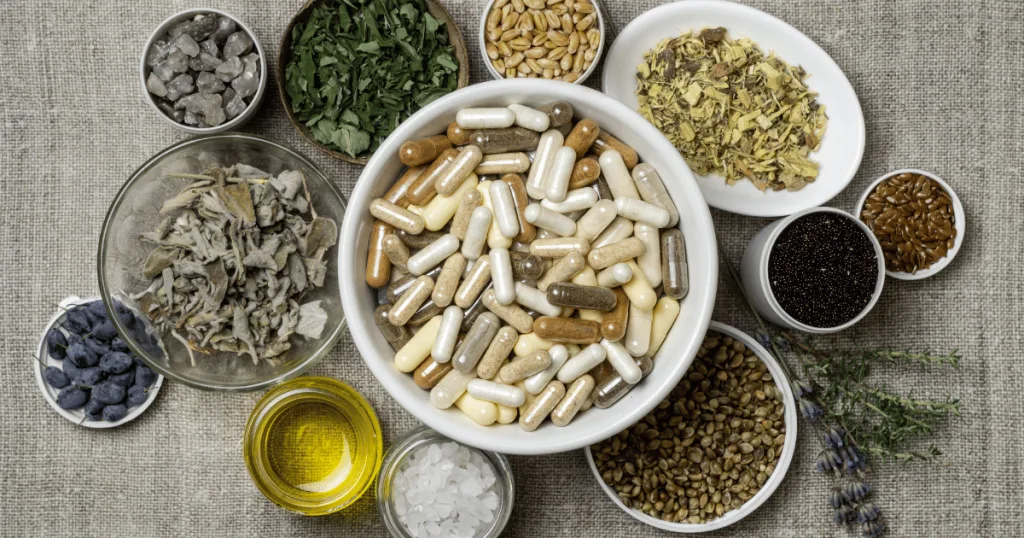 A top view of a bowl of capsules filled with white, tan, and brown powder. The bowl is surrounded by other bowls, filled with nutraceutical ingredients such as seeds, oil, leaves, and powder.
