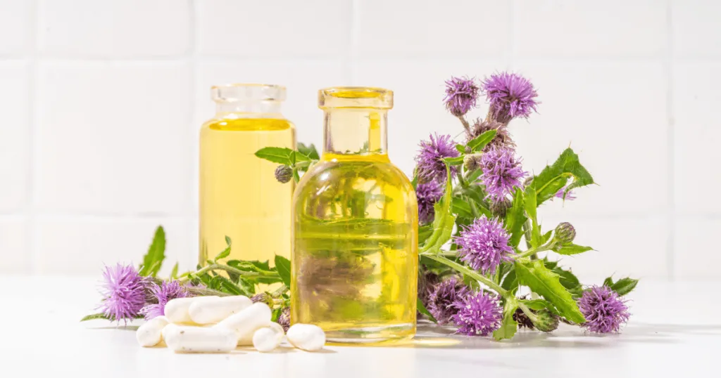 Fresh milk thistles with purple blooms situated next to bottles of milk thistle extract oil and capsules filled with white milk thistle powder.