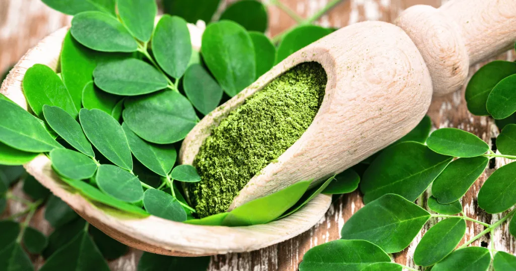 Green moringa leaves in a wooden bowl, with a wooden spoon containing green moringa powder on top.