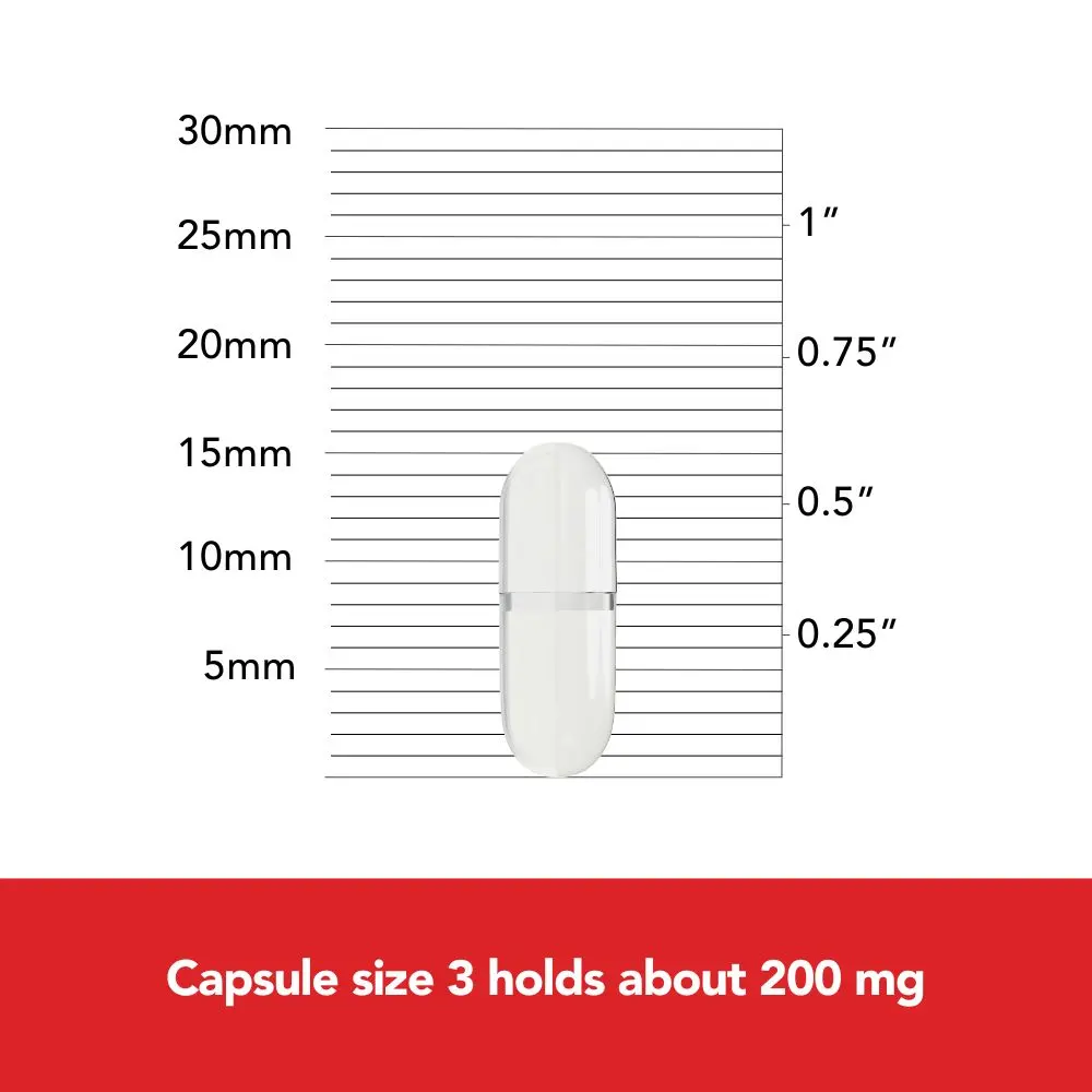 Image of capsule size 3 holds about 200 mg.