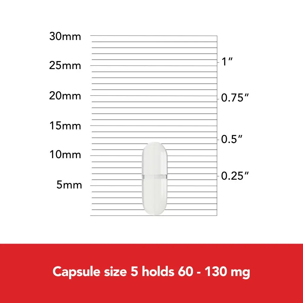Image of capsule size 5 holds about 60-130 mg.