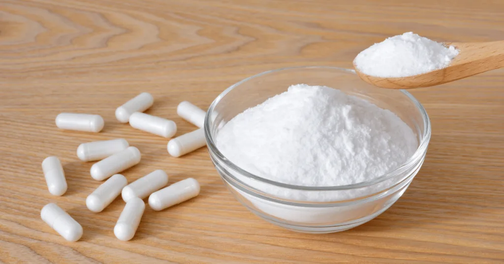 A shot of white filled capsules next to a clear container of white powder, and a wooden spoon with some powder scooped out.