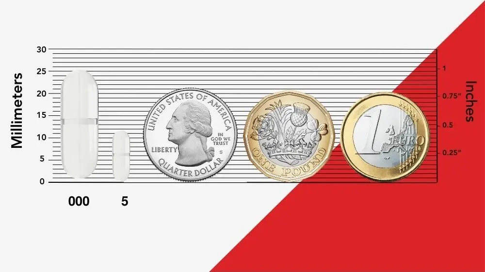 A size #000 and size #5 capsule being compared to a quarter, a pound, and a euro.
