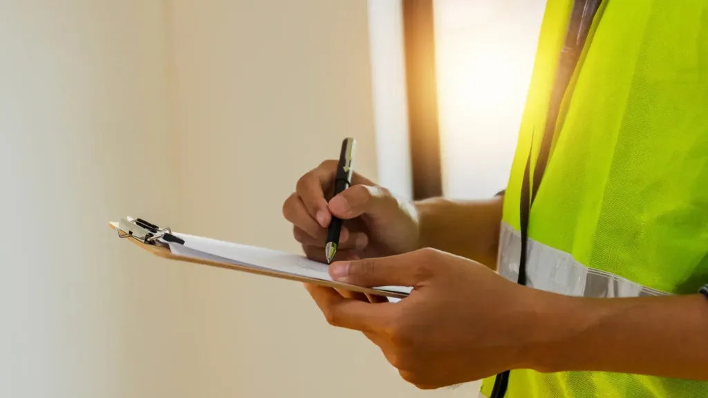 A person wearing PPE holding a clipboard with paper and a pen.