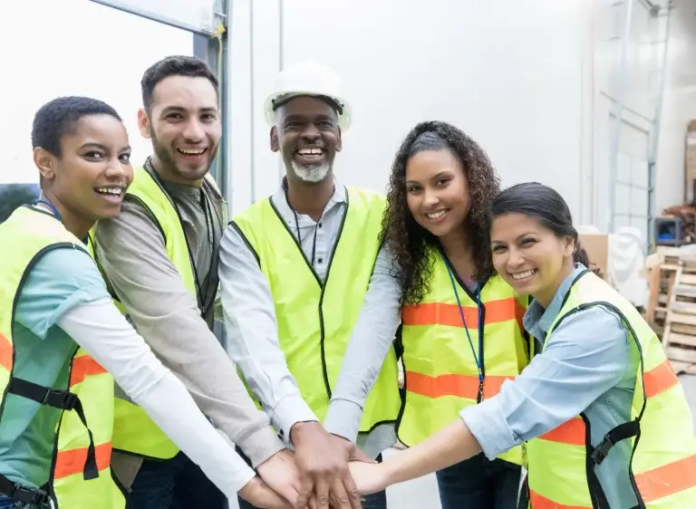 A warehouse team wearing PPE putting their hands together and smiling.
